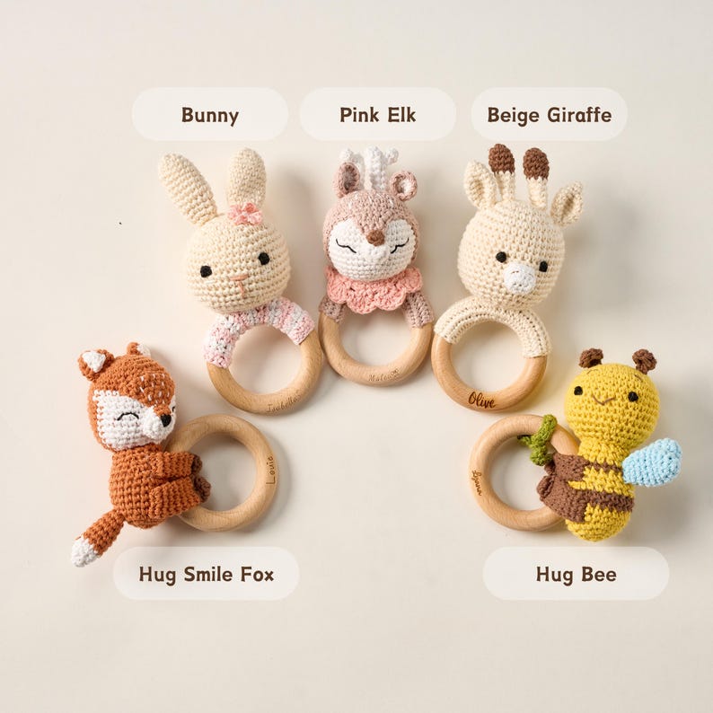 Personalized Animal Baby Rattle Engraved Custom Name Keepsake Newborn Gift for Baby Shower