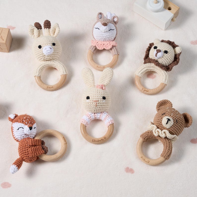 Engraved Baby Rattle with Custom Name Animal Design Personalized Baby Shower Gift for Newborn Baby