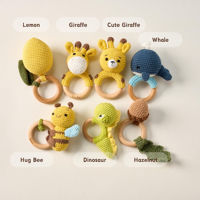 Custom Name Engraved Baby Rattle Animal Design Personalized Newborn Gift for Baby Shower