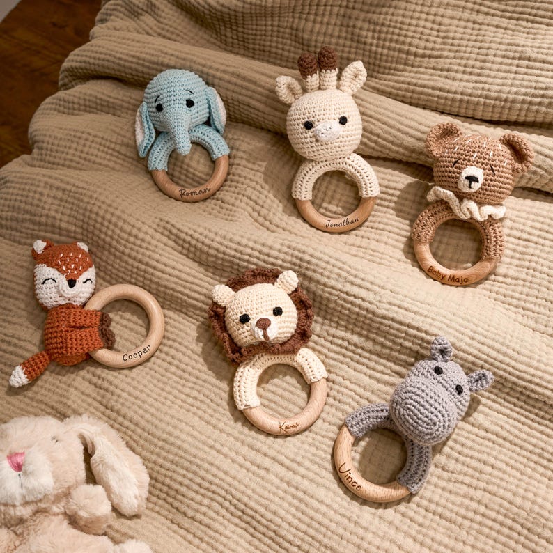 Personalized Engraved Baby Rattle with Custom Name Animal Keepsake Gift for Newborn Baby