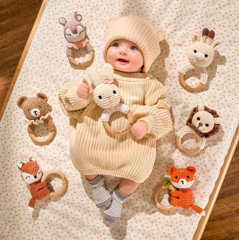 Custom Baby Rattle with Name Engraved Animal Design Personalized Keepsake Gift for Newborn Baby
