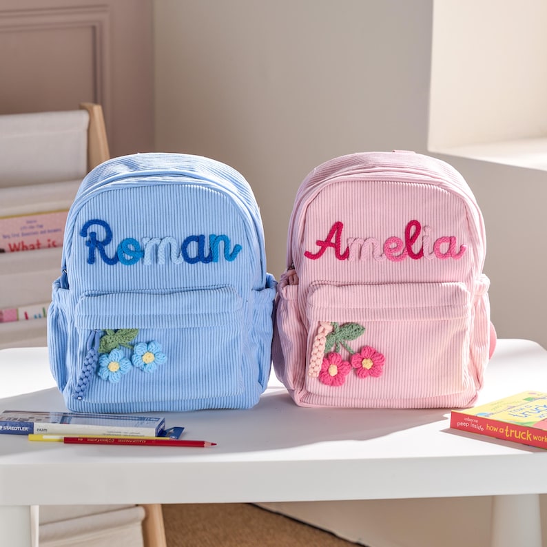 Personalized Kids Corduroy Backpack Custom Name Toddler School Bag Cute Gift for Boys or Girls