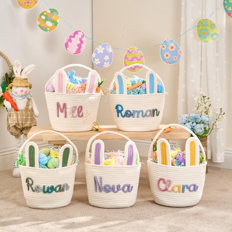 Personalised Easter Basket 2026 4 Bunny Carrot Rope Styles Custom Egg Hunt Accessory for Babies and Kids