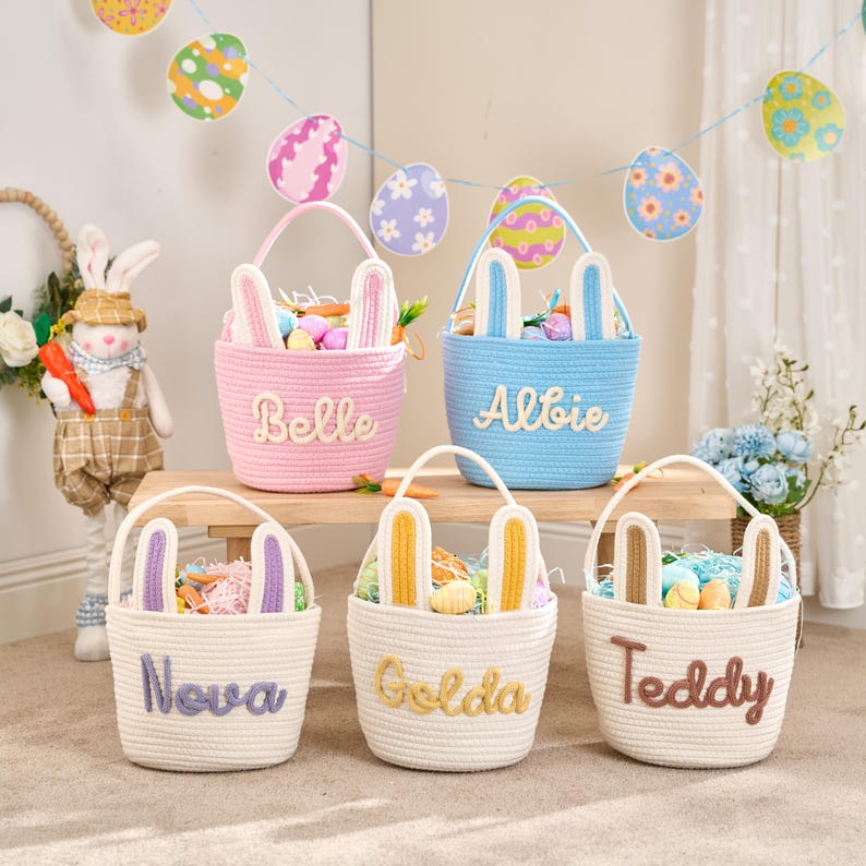 Personalised Easter Basket 2026 3 Bunny Carrot Rope Styles Custom Egg Hunt Gift for Babies and Kids