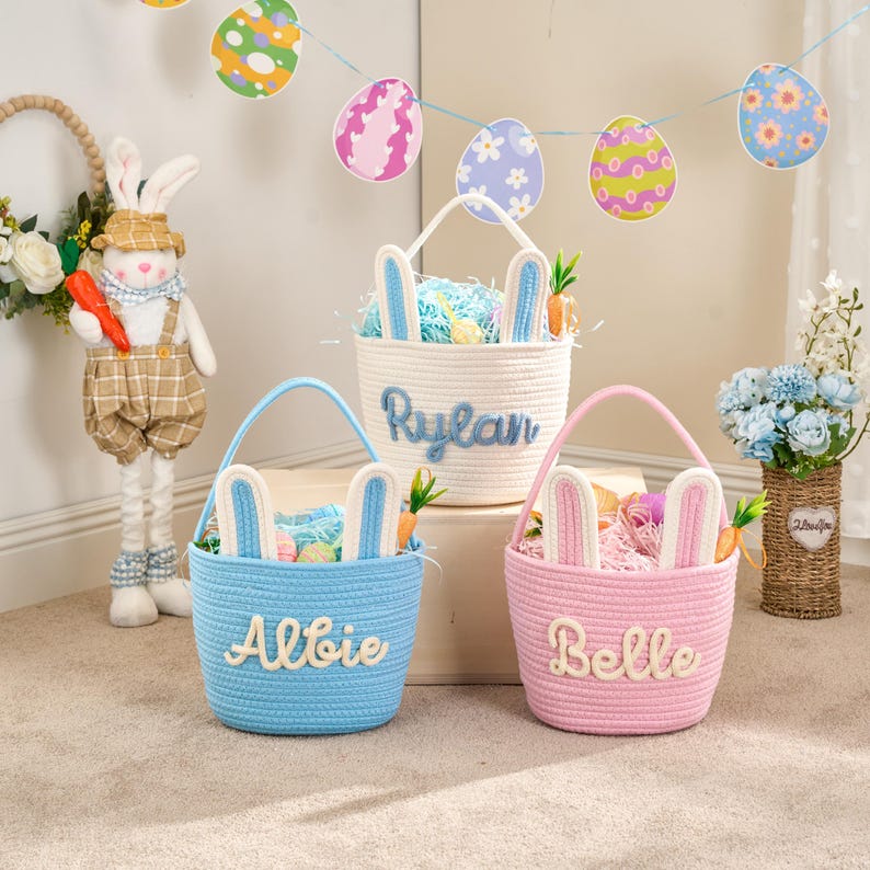 Personalised Easter Basket 2026 Bunny Carrot Rope Design Custom Egg Hunt Gift for Babies and Kids