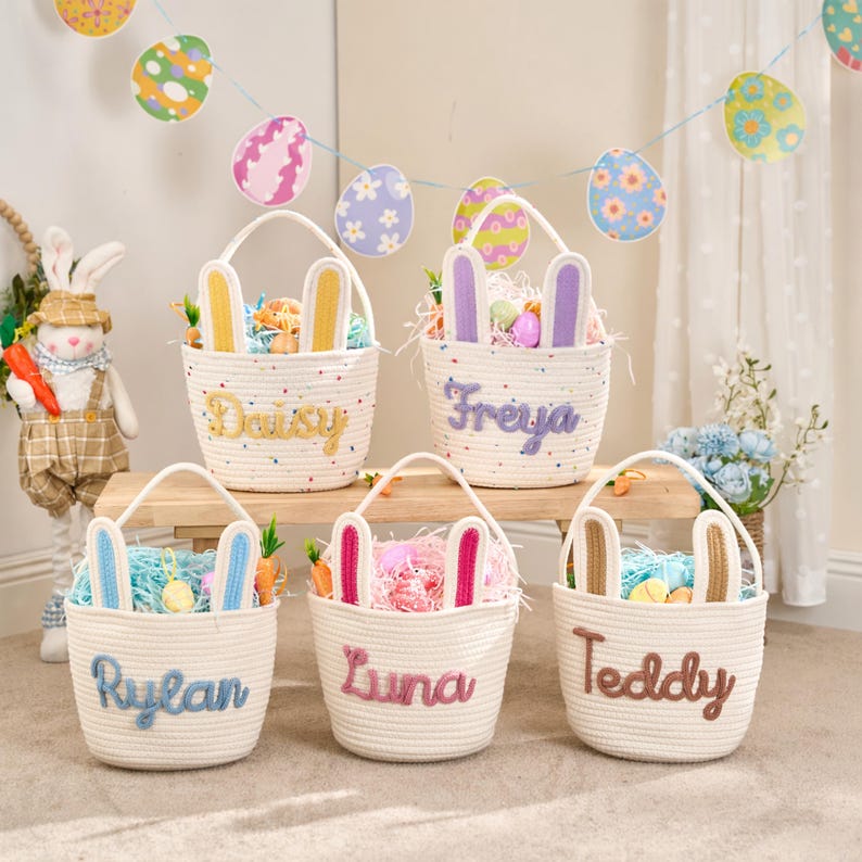 Personalised Easter Basket 2026 4 Bunny Carrot Rope Styles Custom Egg Hunt Accessory for Babies and Kids