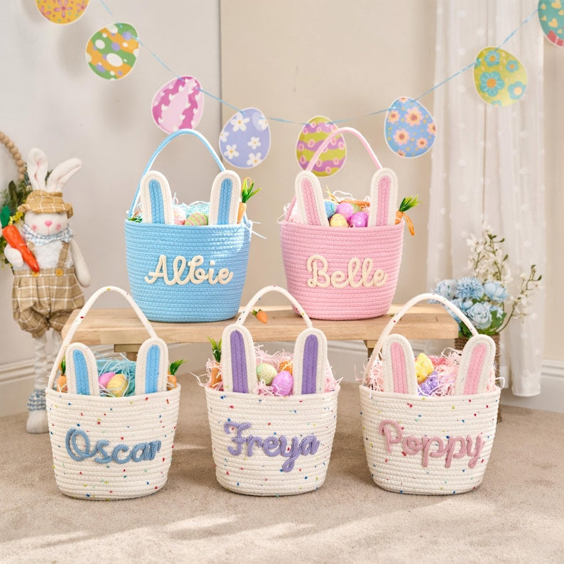 Personalised Easter Basket 2026 Bunny Carrot Rope Design Custom Egg Hunt Gift for Babies and Kids